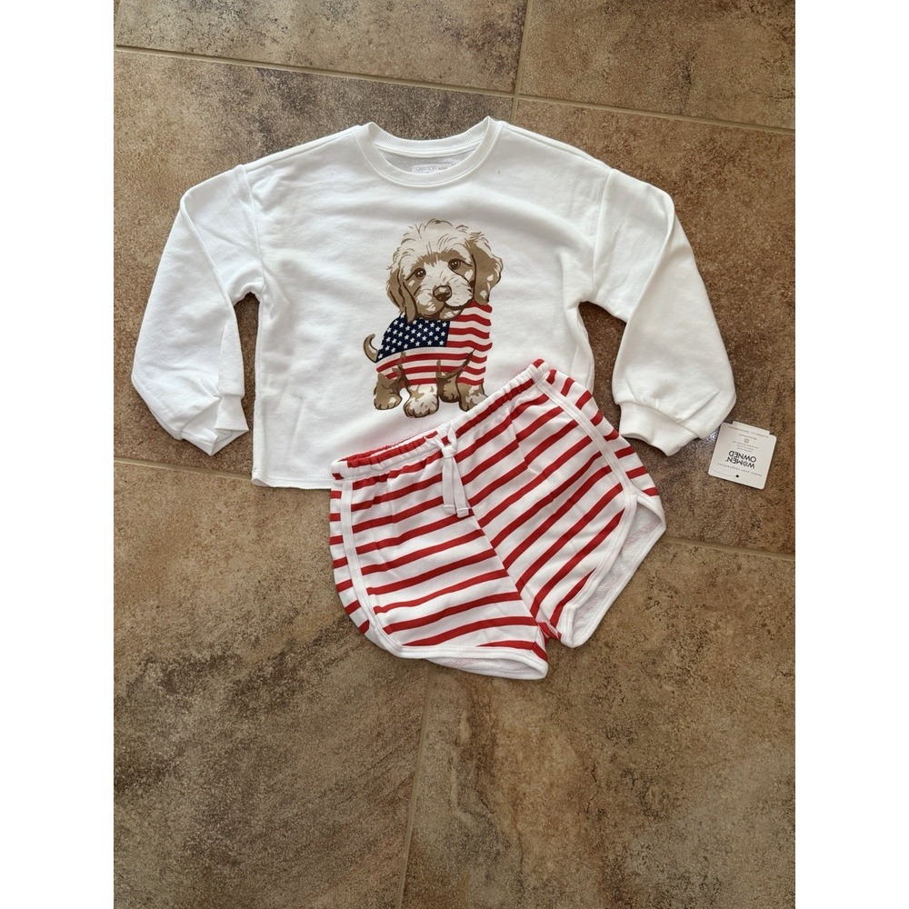 Grayson Mini Toddler Girls 2pc Americana Puppy Flag Sweatshirt & Shorts Set 5T